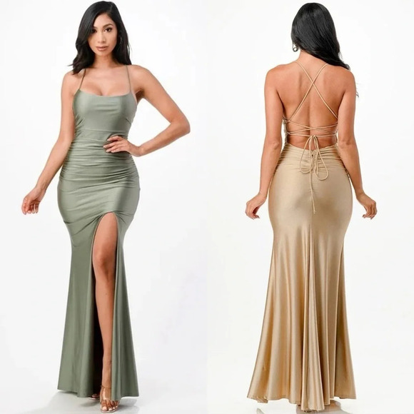 La Scala Olive Green Back Lace-Up Mermaid Dress Gown #25925 Size L - Picture 1 of 8